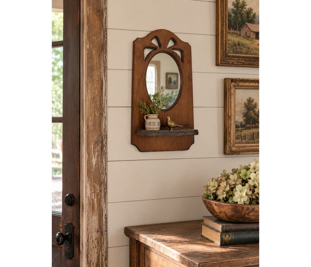 Vintage 1970s Colonial Farmhouse Wooden Mirror Shelf Country Cottage